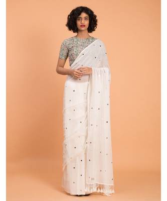 Suta Women White Embellished Pure Cotton Blend Saree 2