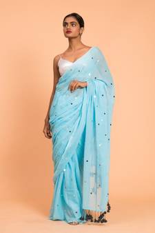 Suta Women Blue  Silver-Toned Embellished Pure Cotton Saree