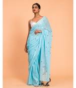 Suta Women Blue  Silver-Toned Embellished Pure Cotton Saree