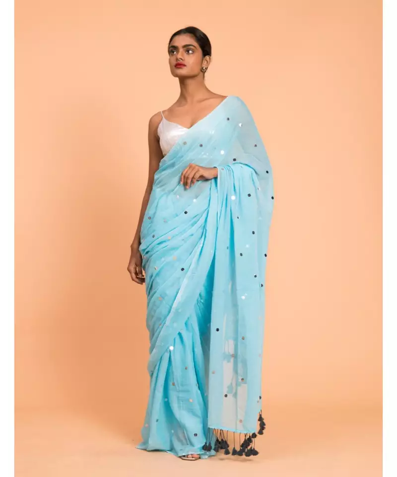 Suta Women Blue  Silver-Toned Embellished Pure Cotton Saree