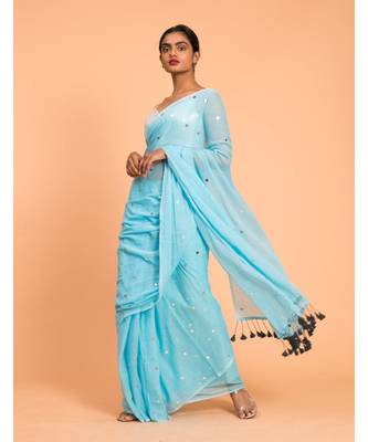 Suta Women Blue  Silver-Toned Embellished Pure Cotton Saree 3