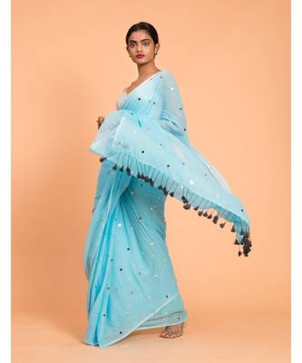Suta Women Blue  Silver-Toned Embellished Pure Cotton Saree 4