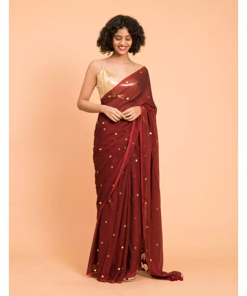 Suta Maroon Gold-Toned Embellished Pure Cotton Saree