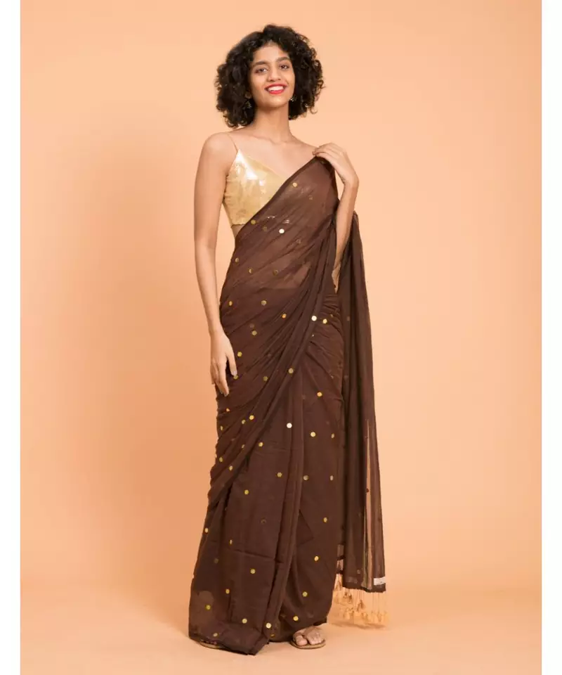 Suta Brown  Gold-Toned Embellished Pure Cotton Saree