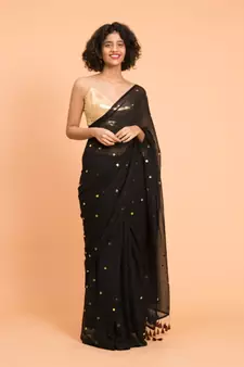Suta Black  Gold-Toned Embellished Pure Cotton Saree