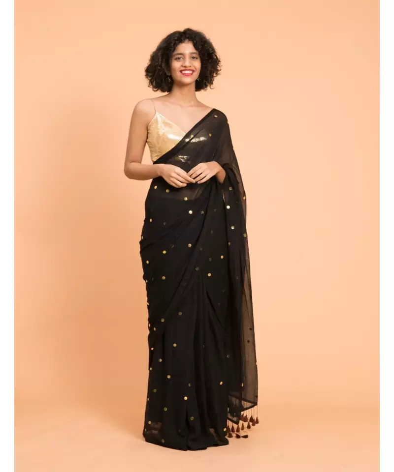Suta Black  Gold-Toned Embellished Pure Cotton Saree