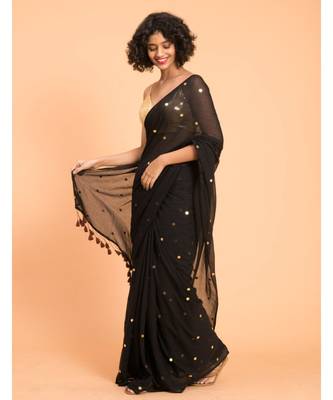 Suta Black  Gold-Toned Embellished Pure Cotton Saree 4