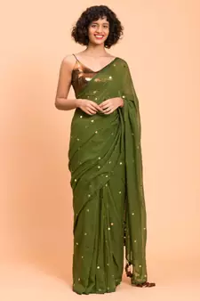Suta Women Olive Green Embellished Pure Cotton  Saree