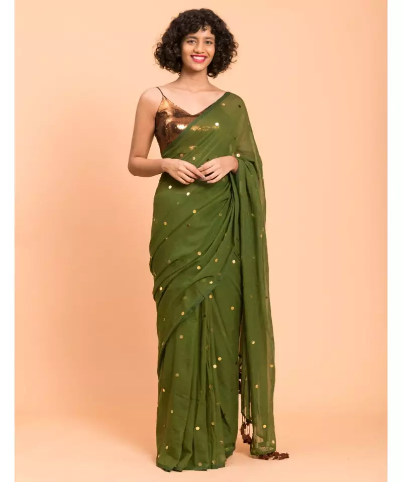 Suta Women Olive Green Embellished Pure Cotton  Saree