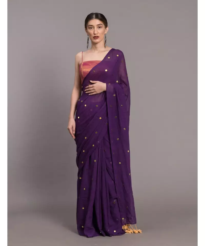 Suta Purple  Gold-Toned Embellished Pure Cotton Saree