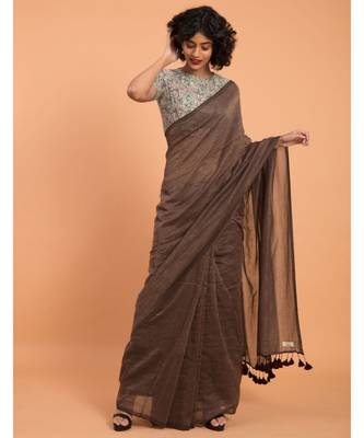 Brown & Gold Stripes Woven Zari Pure Handloom Cotton Saree 1