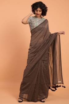 Brown & Gold Stripes Woven Zari Pure Handloom Cotton Saree