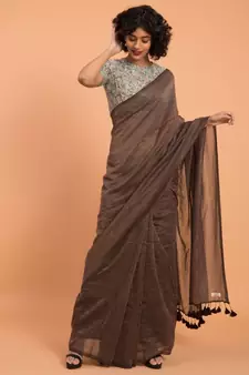 Brown & Gold Stripes Woven Zari Pure Handloom Cotton Saree