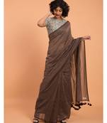 Brown & Gold Stripes Woven Zari Pure Handloom Cotton Saree