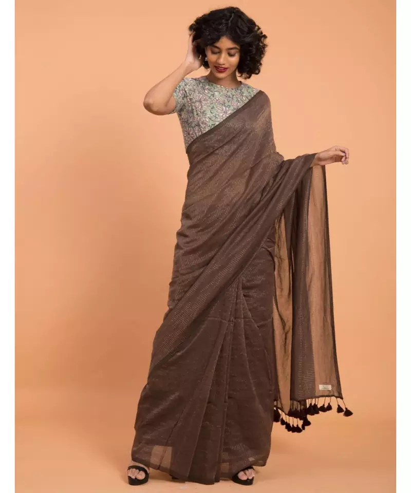 Brown & Gold Stripes Woven Zari Pure Handloom Cotton Saree