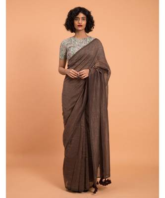 Brown & Gold Stripes Woven Zari Pure Handloom Cotton Saree 2