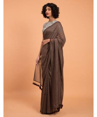 Brown & Gold Stripes Woven Zari Pure Handloom Cotton Saree 3