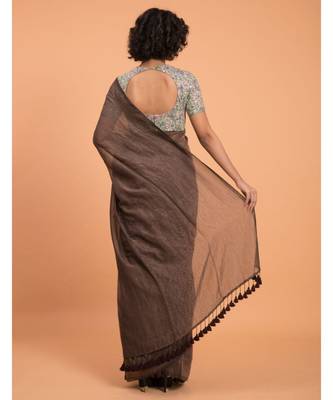Brown & Gold Stripes Woven Zari Pure Handloom Cotton Saree 4