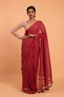 Suta Red & Gold Stripes Woven Zari Pure Cotton Handloom Saree
