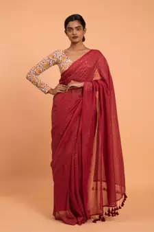 Suta Red & Gold Stripes Woven Zari Pure Cotton Handloom Saree
