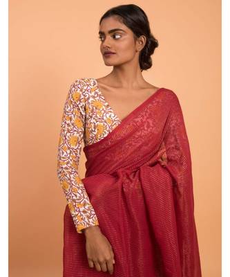 Suta Red & Gold Stripes Woven Zari Pure Cotton Handloom Saree 5
