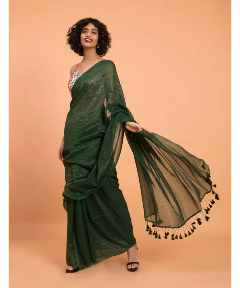 Suta Green & Gold Stripes Woven Zari Pure Cotton Handloom Saree