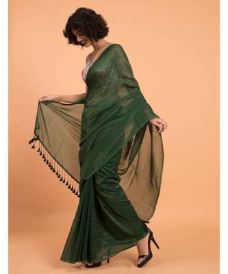 Suta Green & Gold Stripes Woven Zari Pure Cotton Handloom Saree 3
