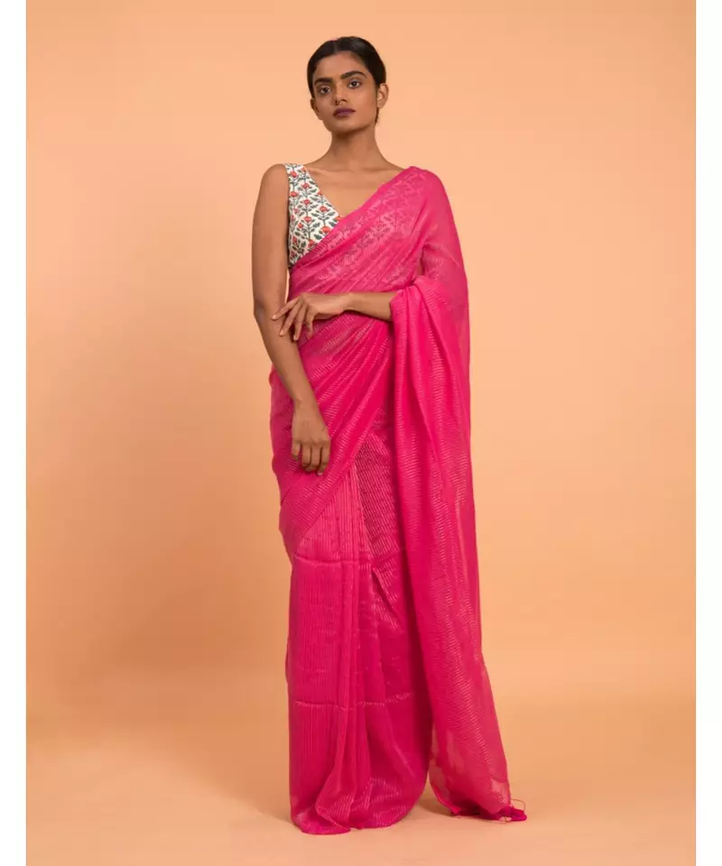 Suta Pink & Gold Stripes Woven Zari Pure Cotton Handloom  Saree