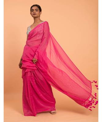 Suta Pink & Gold Stripes Woven Zari Pure Cotton Handloom  Saree 4