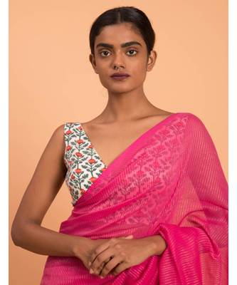 Suta Pink & Gold Stripes Woven Zari Pure Cotton Handloom  Saree 5