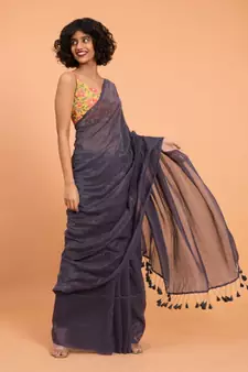 Suta Women Navy Blue & Silver Stripes Woven Zari Pure Cotton Handloom Saree