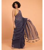 Suta Women Navy Blue & Silver Stripes Woven Zari Pure Cotton Handloom Saree