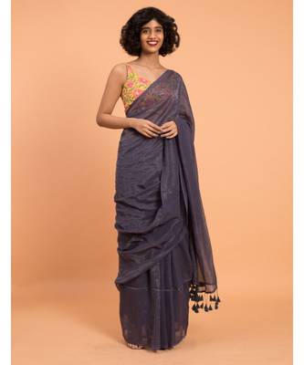 Suta Women Navy Blue & Silver Stripes Woven Zari Pure Cotton Handloom Saree 2