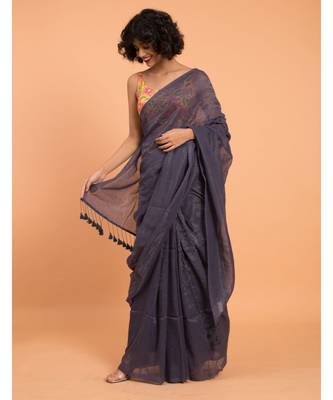Suta Women Navy Blue & Silver Stripes Woven Zari Pure Cotton Handloom Saree 3
