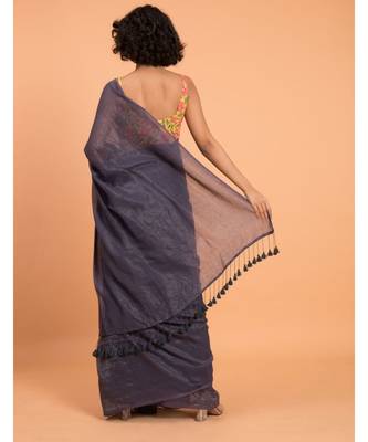 Suta Women Navy Blue & Silver Stripes Woven Zari Pure Cotton Handloom Saree 4