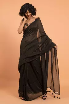 Suta Black & Gold-Toned Stripes Woven Zari Pure Cotton Handloom Saree