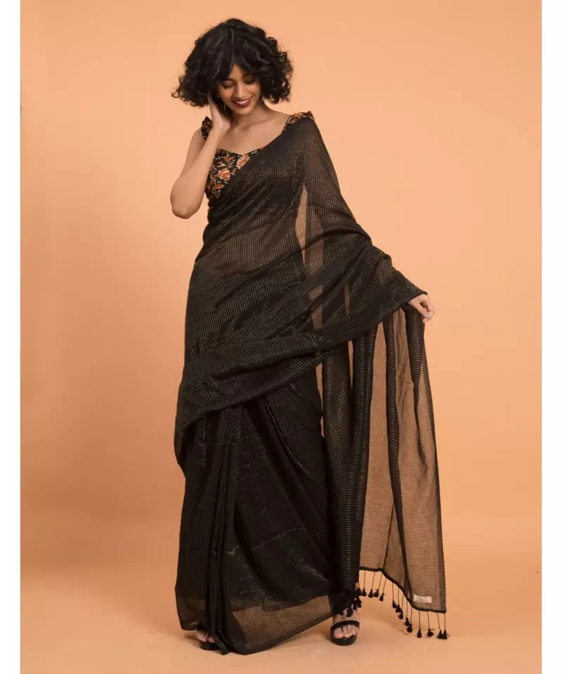 Suta Black & Gold-Toned Stripes Woven Zari Pure Cotton Handloom Saree