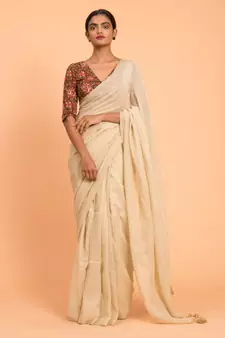 Suta Off White Zari Stripes Pure Cotton Handloom Saree