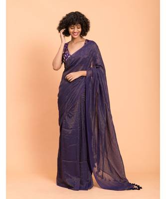 Suta Blue & Gold Stripes Woven Zari Pure Handloom Cotton Saree 1