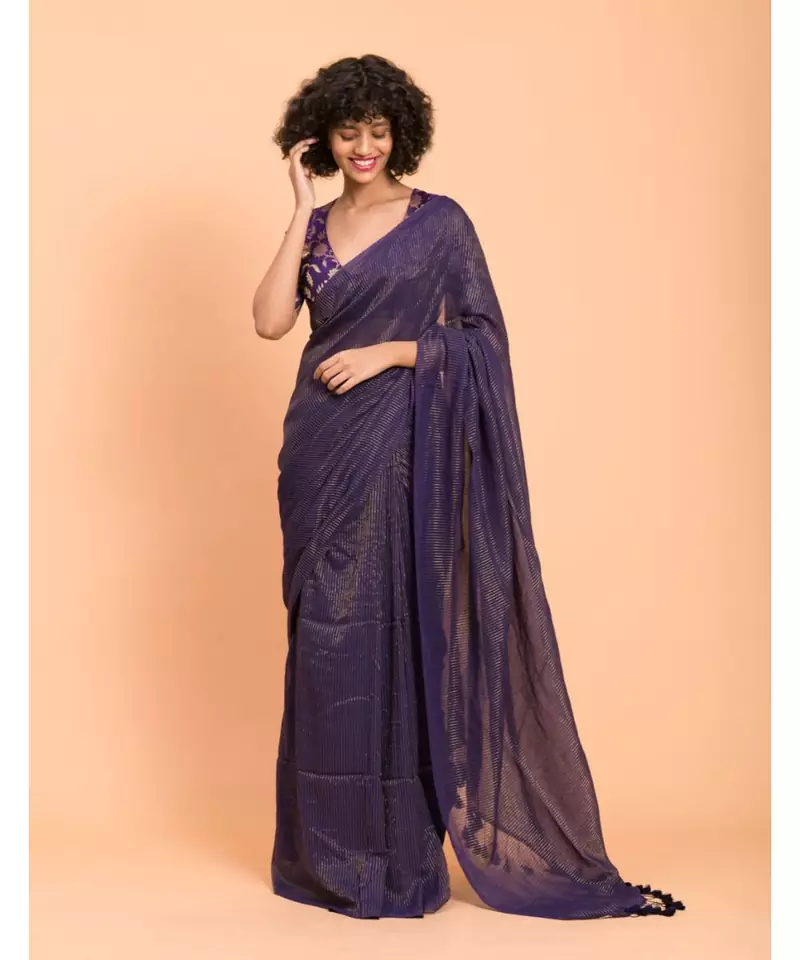 Suta Blue & Gold Stripes Woven Zari Pure Handloom Cotton Saree
