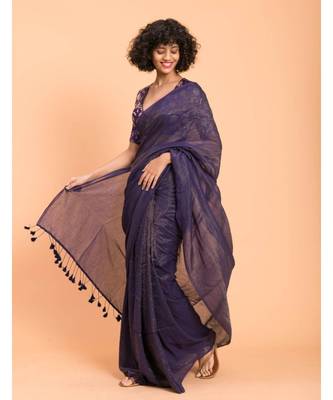 Suta Blue & Gold Stripes Woven Zari Pure Handloom Cotton Saree 4