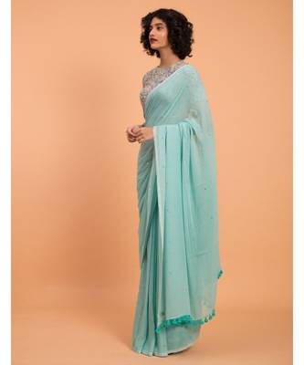 Blue Embellished Sequinned  Pure Cotton Saree 3