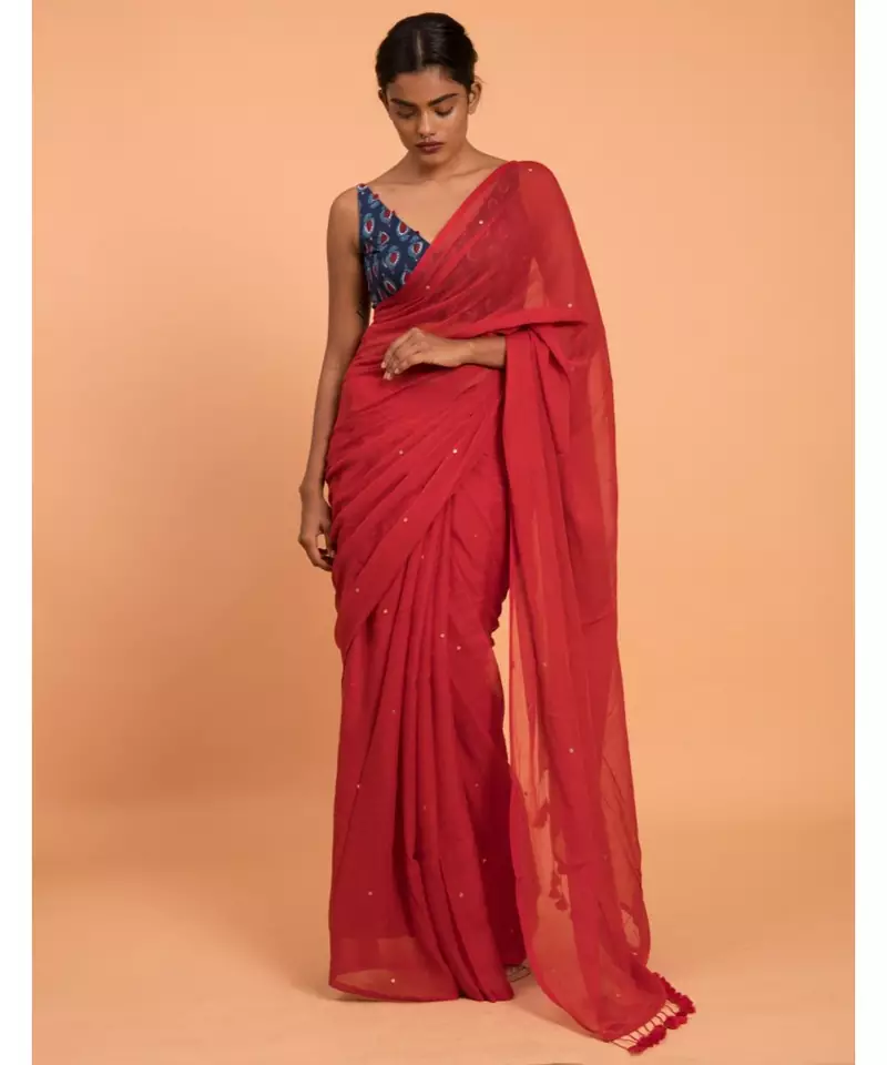 Suta Red Embellished Sequinned Pure Cotton Saree