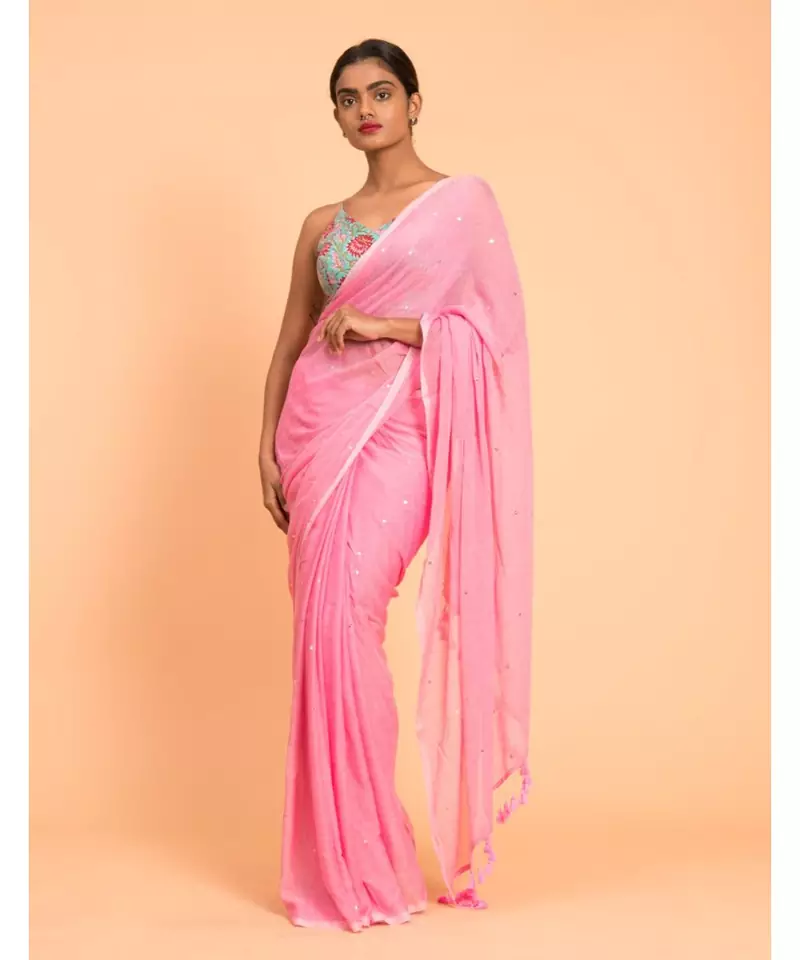 Suta Pink Embellished Sequinned Pure Cotton Saree