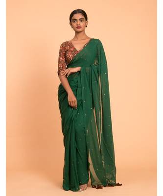 Suta Green Gold-Toned Embellished Sequinned Pure Cotton Saree 1