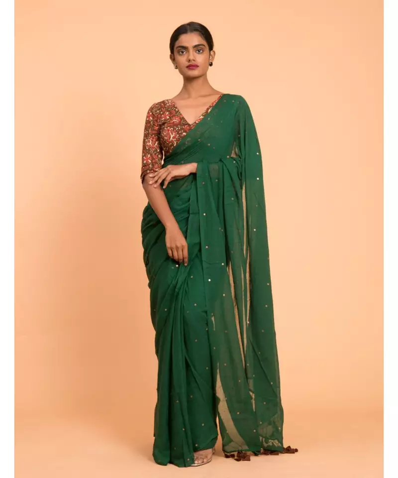 Suta Green Gold-Toned Embellished Sequinned Pure Cotton Saree
