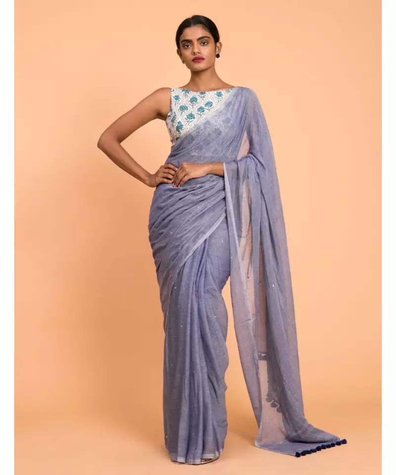 Suta Blue Embellished Sequinned Pure Cotton