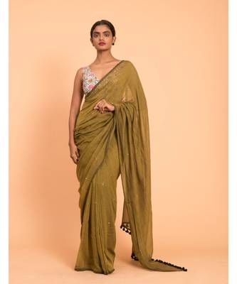 Suta Olive Green Embellished Sequinned Pure Cotton Saree 1