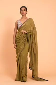 Suta Olive Green Embellished Sequinned Pure Cotton Saree