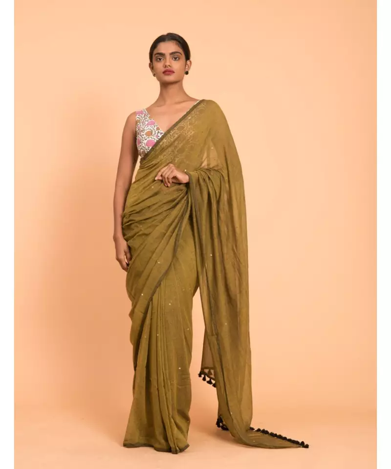 Suta Olive Green Embellished Sequinned Pure Cotton Saree